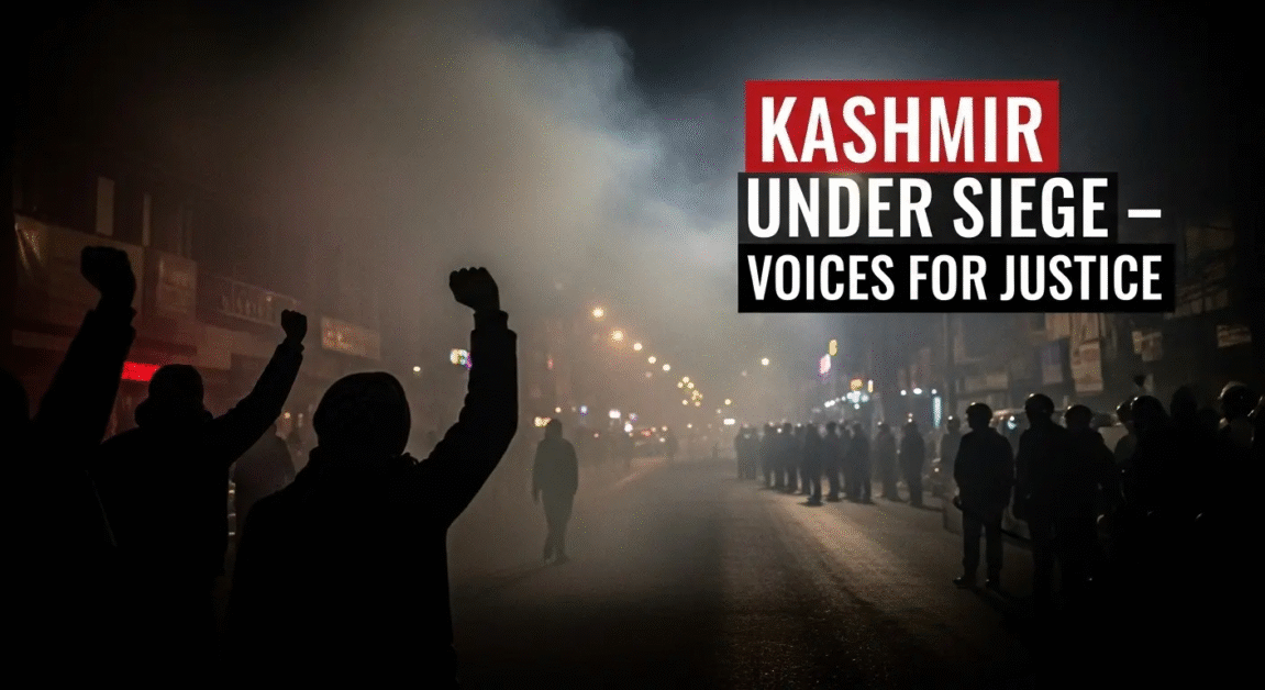 "Protesters in Muzaffarabad raising fists against government policies, police in the background, smoke rising, bold text reading 'Kashmir Under Siege'."