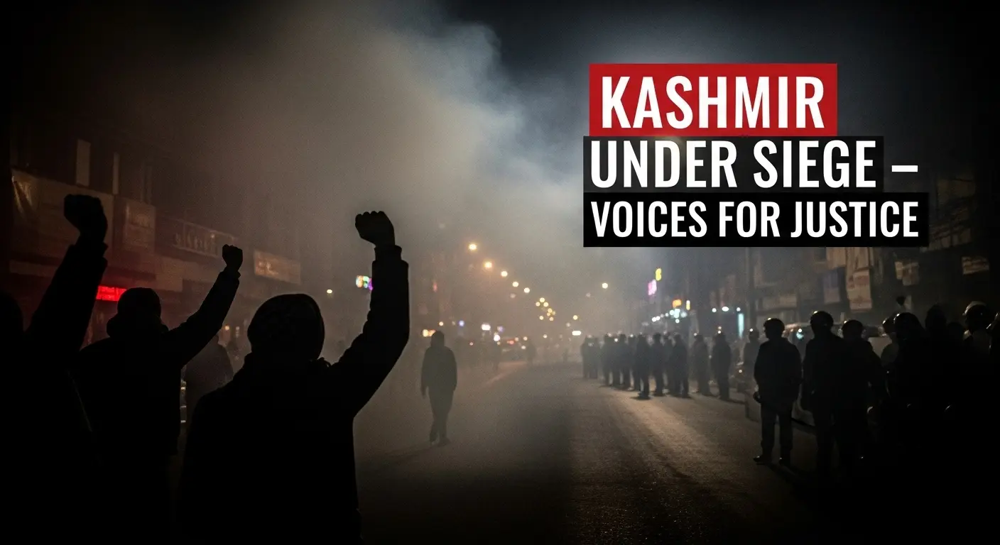 "A grieving crowd in Kashmir standing in silence around an empty chair symbolizing loss, text overlay says 'Kashmir Demands Justice – 2025'."